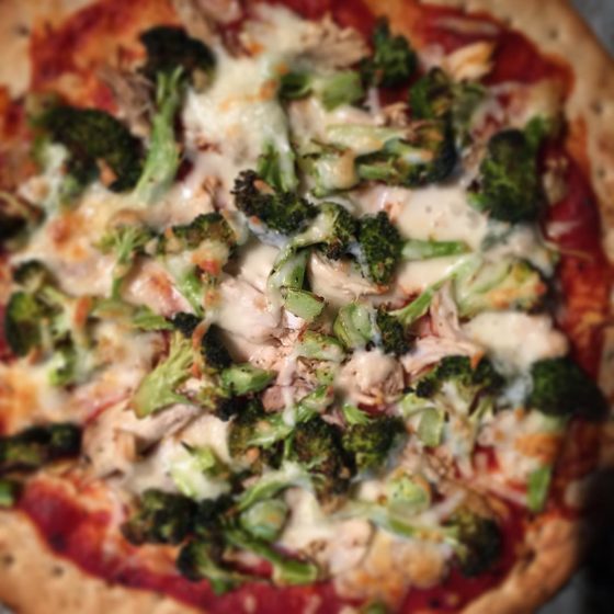 Make-your-own pizza night...again! On the menu tonight: roasted broccoli, chicken, and a combo of mozzarella and smoked cheddar. Let the eating begin:)