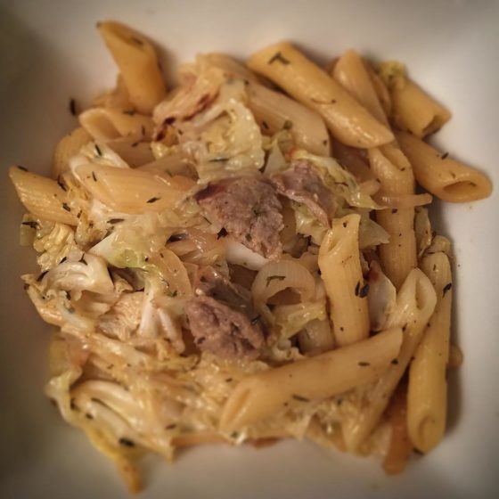 On the menu tonight: Sausage and hay penne with balsamic thyme caramelized onions. *hay=Savoy cabbage