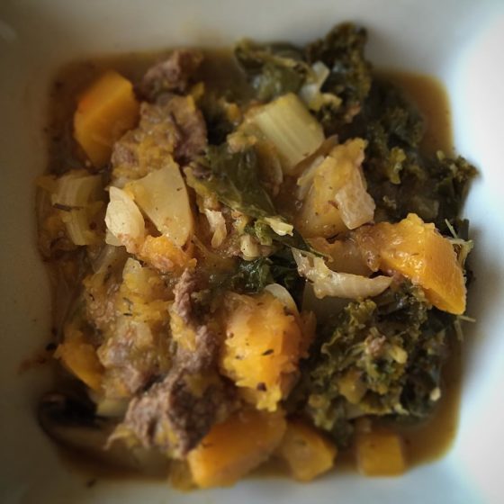 On the menu tonight: Pumpkin, kale, and beef stew. Featuring @berettafarms organic beef